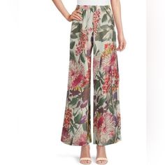 Elastic Waistband Silk Fabrication Relaxed Fit Floral Print Summer Pants For Daywear, Summer Floral Print Pants For Daywear, Feminine Wide Leg Bottoms For Daywear, Elegant Floral Print Full Length Bottoms, Feminine Floral Print Wide Leg Bottoms, Feminine Floral Print Wide-leg Bottoms, Casual Floral Print Pants For Daywear, Casual Floral Print Pants, Feminine Bottoms With Elastic Waistband For Daywear