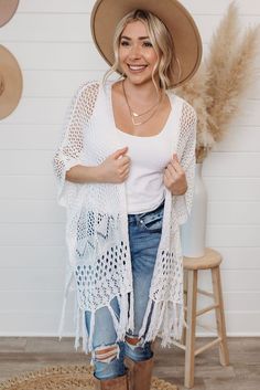 White Knit Fringe Open Front Cardigan Oversized Open Front Knit Top, Winter Open Knit Open Front Top, Winter Open Front Open Knit Top, White Knit Top For Fall Vacation, One Size Casual Crochet Cardigan, Casual One-size Crochet Cardigan, Casual One Size Crochet Cardigan, White Knit Cardigan For Spring, Fitted Knit Summer Outerwear