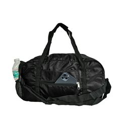 a black duffel bag filled with water bottles