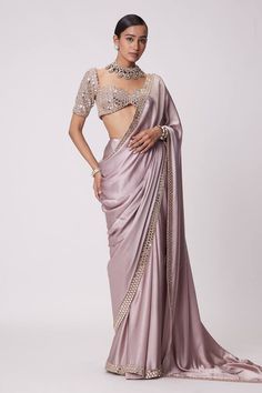 Ash pink saree crafted in satin with prism sheesha embroidery on the border. Paired with a half sleeves sweetheart neck blouse with mirror-vine embroidery. - Aza Fashions Pink Satin Saree, Satin Sari, Royal Saree, Mirror Blouse, Ash Pink, Mirror Work Saree, Party Wear Sarees Online, Saree Party Wear, Mirror Embroidery