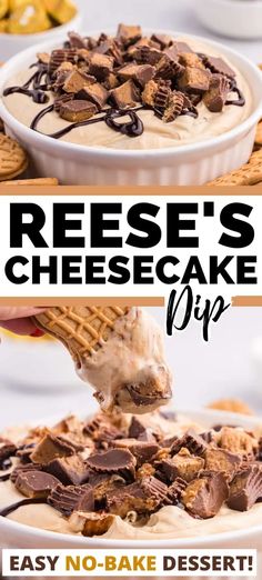 the cover of reese's cheesecake dip is being lifted from a pie dish