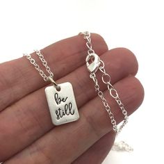 Silver or Gold Be Still Necklace, Faith Necklace, Bible Verse Necklace, Christian Jewelry, LDS Gifts Meaningful Sterling Silver Jewelry For Best Friend, Silver Stamped Necklaces For Best Friend Gift, Silver Stamped Necklace For Best Friend, Silver Meaningful Jewelry For Best Friend, Silver Hand Stamped Necklace For Best Friend, Silver Stamped Necklace For Best Friend Gift, Inspirational Personalized Rectangular Jewelry, Meaningful Rectangular Necklaces For Gifts, Meaningful Rectangular Necklace For Gift