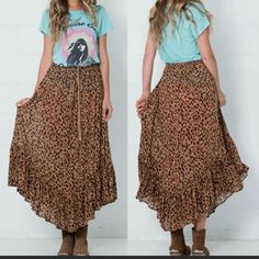 Spell Saphari Kerchief Maxi Skirt Nwt Size M Tassled Drawstring Elastic Waist Partially Lined Ruffled Hem Measurements: Waist 14.5” Unstretched, 19” Stretched Length 38” At Longest Bohemian Brown Skirt For Fall, Fall Bohemian Brown Skirt, Skirt Band Tee Outfit, Long Skirt Outfit Plus Size, Skirts And Boots, Full Maxi Skirt, Long Skirt Outfits, Maxi Skirt Boho, Leopard Skirt