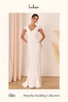 a woman in a white wedding dress with the words shop the wedding collection on it