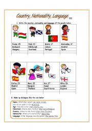 the country, nationality and language worksheet is shown in this file for students to learn