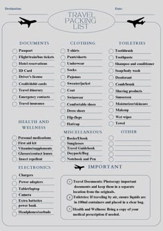 a travel checklist with an airplane flying above it and the words traveling plans written in blue