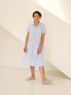 "Shirtdress with short sleeves. We took a classic snap-front silhouette and turned it into an ultra-flattering, lightweight shirtdress that can be worn from work to weekend. The dress has a classic shirt color, short sleeves and belt which makes it perfect as a work outfit for summer. But style it with sneakers or tank top and shorts underneath and you will have a fun and stylish casual look. Shirtdresses give lots of room for outfit experiments! ABOUT US LINEN ID was born from desire to embrace Elegant Summer Shirt Dress With Rolled Sleeves, Collared Midi Dress With Relaxed Fit For Summer, Relaxed Fit Collared Midi Dress For Summer, Classic Button-up Shirt Dress For Summer, Classic Summer Shirt Dress With Button Closure, Elegant Relaxed Fit Short Sleeve Linen Dress, Knee-length Relaxed Fit Shirt Dress For Summer, Relaxed Fit Knee-length Shirt Dress For Summer, Summer Button-up Shirt Dress With Rolled Sleeves