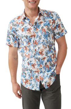 Let your sun-soaked adventure begin in this all-cotton sport shirt covered with tropical blooms and foliage. 31 1/2" length; 37" chest (size Medium) Front button closure Spread collar Short sleeves 100% cotton Dry clean or machine wash, line dry Imported Fitted Button-up Hawaiian Shirt For Vacation, White Cotton Tropical Camp Shirt, White Tropical Cotton Camp Shirt, Floral Print Cotton Shirt For Beach, Tropical Style Button-up Top With Floral Print, Hibiscus Print Button-up Top For Vacation, Tropical Button-up Top With Floral Print, Tropical Print Button-up Top, Vacation Hibiscus Print Button-up Top