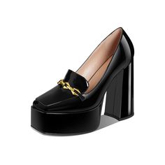 Black Platform Patent Leather Loafer With Gold Chain Chic Patent Leather Platform Loafers For Office, Chic Office Platform Loafers In Patent Leather, Chic Patent Leather Platform Loafers For Fall, Spring Party Leather Platform Loafers, Elegant Black Platform Loafers With Block Heel, Chic Platform Loafers For Party, Elegant Platform Loafers For Party, Black Patent Leather Platform Loafers For Office, Elegant Closed Toe Platform Loafers For Party