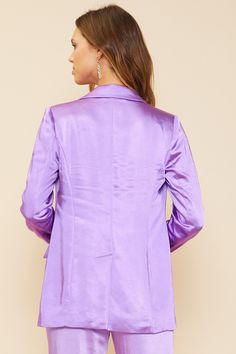 Elevate your look with our luxurious long sleeve satin blazer. Featuring a unique light purple hue, this blazer is made of a satin finish with a lightly lined interior. With classic detailing like flap front pockets and one button closure, you're sure to impress with this timeless, yet modern, style. Chic Shack, Satin Blazer, Blazer Buttons, Unique Lighting, Purple Hues, Light Purple, Small Tops, The Chic, Summer Sale