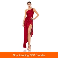 a woman in a red dress with the words $ 50 and under