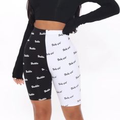 Fashion Nova Baddi B / Baby Girl Bike Shorts Black & White Stretch Cotton White Biker Shorts, White Stretch Cotton Biker Shorts, Stretch White Cotton Biker Shorts, Black Biker Shorts With Letter Print, White Cotton Biker Shorts, Spring Black Cotton Biker Shorts, Trendy White Cotton Biker Shorts, White Cotton Biker Shorts For Spring, Trendy Black Cotton Biker Shorts