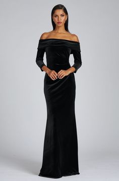 Color_black Off The Shoulder Gown Evening Dresses, Groom Black Tie, Dresses Tea Length, Black Velvet Gown, Form Outfits, Proper Attire, 6th Form, Evening Gowns With Sleeves, Dark Dress