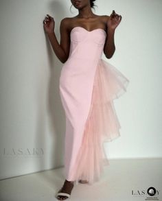 Lasaky - Sleeveless Bodycon Mermaid Gown - Exquisite Bandage Layered Mesh Detailing - Formal Evening Dress Fitted Tulle Strapless Dress, Sleeveless Fitted Mermaid Dress For Prom, Pink Sleeveless Corset Dress For Wedding, Pink Sleeveless Wedding Corset Dress, Pink Sleeveless Mermaid Dress For Banquet, Sleeveless Pink Mermaid Dress For Banquet, Sleeveless Tulle Strapless Dress For Prom, Pink Strapless Sleeveless Dress For Banquet, Fitted Pink Mermaid Dress For Banquet