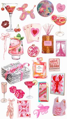 a bunch of different items that are on a white surface with pink and red colors