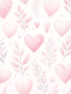 pink hearts and leaves on a white background