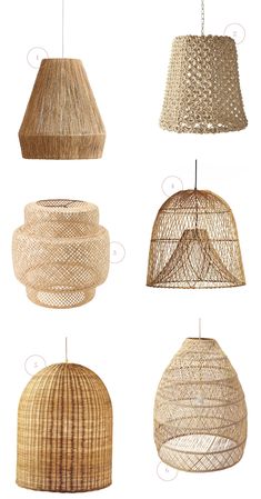 four different types of hanging lights made out of wicker