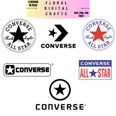 several different logos and stickers on a white background with the words converse all star