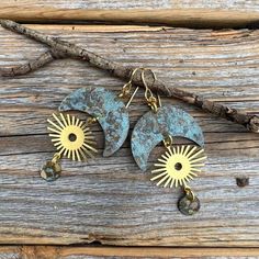 Unique Moon, Boho Inspired Vintage Patina dangle earrings-made with Natural Brass. Includes 10K Gold Plated Ear Wire and Silicone Earring Backs: These earrings are perfect if you are looking for that southwestern boho look. Throw them on with any outfit and they will definitely add some character. Perfect with a white T and a pair of jeans! These earrings are large, but light weight and a perfect everyday wear. They are approximately 3 inches in length and 1.5 inches at the widest portion.  To v Unique Sun And Moon Design Dangle Jewelry, Unique Dangle Earrings With Sun And Moon Design, Unique Sun And Moon Dangle Earrings, Unique Sun And Moon Design Dangle Earrings, Bohemian Teardrop Moon Charm Earrings, Bohemian Teardrop Earrings With Moon Charm, Unique Adjustable Earrings With Moon Charm, Unique Sun And Moon Design Drop Earrings, Handmade Celestial Dangle Earrings