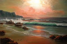 an oil painting of the ocean with waves crashing on it and rocks in the foreground