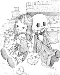 a drawing of two dolls sitting next to each other