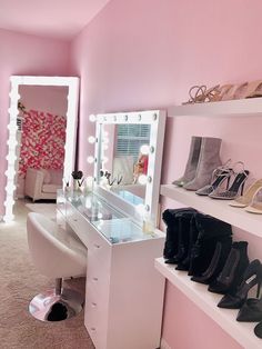 there is a vanity with shoes on it in the room