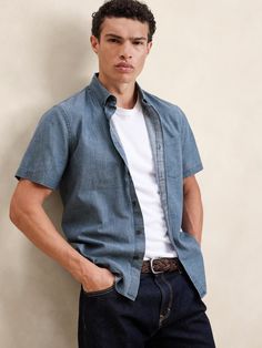 Frosted Coated Chambray Shirt | Banana Republic Factory Classic Button-up Short Sleeve Shirt For Casual Gatherings, Classic Button-up Short Sleeve Shirt For Everyday, Classic Short Sleeve Button-up Shirt With Pockets, Collared Short Sleeve Cotton Shirt With Buttoned Pockets, Cotton Short Sleeve Collared Shirt With Buttoned Pockets, Casual Fitted Shirt With Shirttail Hem, Classic Fitted Shirt With Buttoned Pockets, Cotton Shirt With Buttoned Pockets And Collar, Cotton Short Sleeve Shirt With Welt Pockets