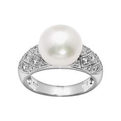 A freshwater cultured pearl and genuine white topaz stones give this ring pure elegance. Click on this JEWELRY & WATCHES GUIDE to learn about fit, styles, materials and more!Ring Details: Ring width: 11-mm Metal: rhodium-plated sterling silver Feature: milgrain Cultured Pearl Details: Type: freshwater Shape: button Size: 10-10.5-mm Color: white Gemstone Details: Gemstone type: genuine white topaz Cut: round Setting: prong Gemstones may have been treated to enhance their appearance. Special care Timeless White Gold Pearl Ring With Diamond Accents, Classic White Pearl Ring With Diamond Accents, White Akoya Pearl Timeless Ring, Timeless White Akoya Pearl Ring, Timeless Pearl Ring With Diamond Accents For Anniversary, Timeless Anniversary Pearl Ring With Diamond Accents, Timeless Diamond-white Pearl Ring With Diamond Accents, Classic White Pearl Ring With Drop Detail, Timeless Diamond White Pearl Ring With Diamond Accents