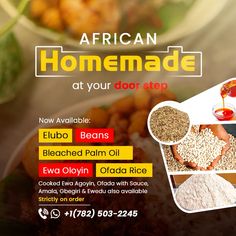 the advertisement for african homemade at your door step shows different types of food and ingredients