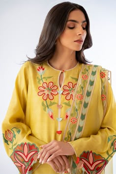 Eid Tussar Silk Palazzo Set With Dabka Work, Spring Slub Silk Traditional Wear With Dupatta, Festive Tussar Silk Kurta With Floral Embroidery, Traditional Slub Silk Salwar Kameez For Spring, Silk Anarkali Set With Floral Embroidery In Yellow, Yellow Raw Silk Palazzo Set With Dabka Work, Spring Slub Silk Salwar Kameez With Dabka Work, Yellow Mulmul Palazzo Set With Zari Work, Unstitched Tussar Silk Suit With Dabka