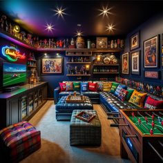 Suburban basement turned eclectic man cave with a huge TV, vintage memorabilia, mini bar, and arcade games. Decor includes quirky throw pillows, iconic posters, and neon signs, complete with a comfortable leather couch and cozy atmosphere. #Mancave #BasementDesign #RetroDecor #GameRoom #HomeBar #SportsDen Eclectic Gaming Room, Gaming Library Room, Nerd Man Cave, Man Cave Gaming Room, Man Cave Game Room Ideas, Men’s Game Room, Game Room Colors, Arcade Room In House, Gamer Basement