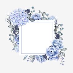 a square frame with blue flowers and greenery on the edges is surrounded by leaves