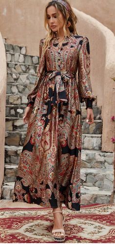 Hello Beauties! Rock your style with this beautiful Dress with Vibrant colors. Available in large size.  Measurements:  LUS(8/10)  Bust: 40.9 Length: 55.9 Shoulder: 15.6 Sleeve length: 25.2 Waist size: 29.9 Description:  Color:Multicolor Style:Boho Details:Frill, Belted Pattern Type:Paisley Type:A Line Neckline:Notched Sleeve Length:Long Sleeve Sleeve Type:Bishop Sleeve Waist Line:High Waist Hem Shaped:Flared Length:Maxi Fit Type:Regular Fit Fabric:Slight Stretch Material:Fabric Composition:95% Polyester, 5% Elastane Care Instructions:Hand wash or professional dry clean Belt:Yes Sheer:No Size & Fit About Store Matching Styles Chic Multicolor Paisley Print Dress, Long Sleeve Dresses With Abstract Print, Vibrant Printed Fall Dress, Patterned Long Sleeve Printed Maxi Dress, Multicolor Paisley Print Dresses For Fall, Long Sleeve Patterned Maxi Dress, Multicolor Printed Maxi Dress For Fall, Casual Long Sleeve Maxi Dress With Colorful Pattern, Elegant Multicolor Paisley Print Dress