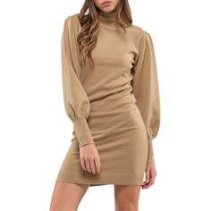 Introducing the August Sky Women's Lantern Sleeve Sweater Mini Dress, the epitome of versatile style. This dress boasts long lantern sleeves adorned with ribbed trim at the cuffs, hemline, and neckline, creating a chic and cozy look. Form-fitting and unlined, it hugs your curves with elegance, making it a wardrobe essential. Its mini length adds a flirty touch to your ensemble. Plus, the simplicity of its design allows you to easily accessorize and personalize your look. From statement jewelry t Balloon Sleeve Sweater, Classic Turtleneck, Sweater Mini Dress, Lantern Sleeve Sweater, Favorite Boots, Mini Sweater Dress, Vintage Inspired Design, Lantern Sleeve, Lantern Sleeves