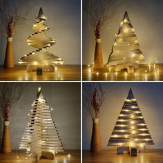 four different angles of a christmas tree made from strips of wood with lights on it