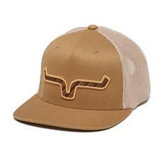 a tan and white trucker hat with the word f on it