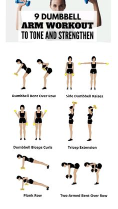 a woman doing dumbbell arm workout to tone and strength in her arms with the instructions below