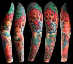 four different colored tattoos on the arms and legs, one with an image of a demon