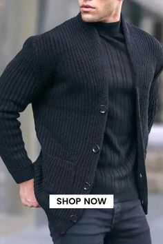 This men's casual sweater coat is a stylish and versatile addition to your wardrobe. Crafted in a solid color design, it exudes timeless elegance. With a convenient pocket and a relaxed fit, it seamlessly blends streetwear and sportswear aesthetics. This sweater cardigan is the perfect choice for a modern and comfortable look. Winter Sport Coat With Pockets And Long Sleeves, Winter Sport Coat With Long Sleeves For Cold Weather, Winter Sport Coat For Cold Weather With Long Sleeves, Winter Long Sleeve Sport Coat For Cold Weather, Black Single-breasted Cardigan For Winter, Single Breasted Sport Coat For Cold Weather, Single Breasted Long Sleeve Sport Coat For Cold Weather, Cold Weather Long Sleeve Single Breasted Sport Coat, Cold Weather Long-sleeve Single-breasted Sport Coat