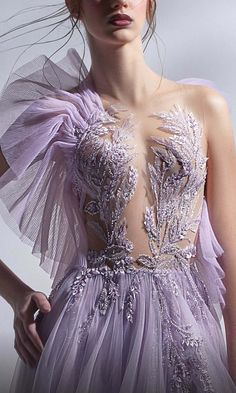 Dainty Embroidery, Mnm Couture, Embroidery Tulle, Tulle Evening Dress, Couture Looks, Unique Prom Dresses, Lilac Lavender, Illusion Neckline, فستان سهرة