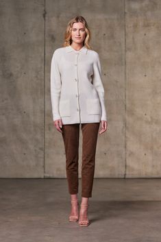 Crafted from 2 plies of our signature luxurious cashmere and merino wool blend yarn, this Marchesa knit cardigan is a sophisticated addition to any wardrobe. Sporting timeless monochromatic design and exquisite details, such as the elevated pave buttons, it makes a strong, yet understated, statement. • 70% Extra Fine Merino Wool / 30% Cashmere • Dry clean or hand wash, dry flat • Imported • Item # WF23006 SIZE & FIT• Model is 5' 9" and wearing a size Small Luxury Cashmere Cardigan With Button Closure, Elegant Cream Cashmere Sweater, Beige Cashmere Cardigan With Button Closure, Elegant Winter Polo Sweater With Buttons, Beige Cashmere Outerwear With Button Closure, Elegant Winter Polo Sweater With Button Cuffs, Elegant Cream Wool Sweater, Elegant Wool Sweater With Buttons, Luxury Beige Sweater For Work