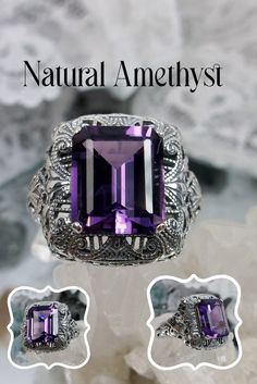 Natural Amethyst Ring/ Solid Sterling Silver/ 5ct Purple Amethyst, Silver Victorian Intricate Filigree [Custom Made] Design#149 Whimsical Ring, Mystic Fire Topaz, Antique Filigree, Purple Amethyst Ring, Filigree Jewelry, Victorian Design, Amethyst Gem, Purple Band, Sterling Silver Filigree