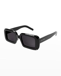 Saint Laurent "Sunrise" rectangle sunglasses in acetate Lens/bridge/temple (in mm): 52-21-145 Solid-color lenses Logo print on temples Wide, tapered arms 100% UVA/UVB protection Made in Italy | Saint Laurent Sunrise Thick Rectangle Acetate Sunglasses Lens Logo, Charlotte Chesnais, Saint Laurent Sunglasses, Anthony Vaccarello, Black Rectangle, Acetate Sunglasses, Color Lenses, Rectangle Sunglasses, Sunglasses Online