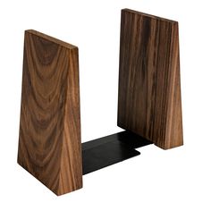 two wooden bookshelves are shown against a white background, one is made out of wood and the other has black metal