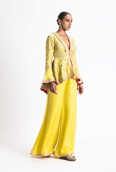 Nitika Gujral | Mehndi Yellow Jacket And Trouser | INDIASPOPUP.COM Thread Beads, Traditional Jacket, Satin Trousers, Peplum Jacket, Yellow Jacket, Zari Work, Satin Color, Yellow Fabric, Bead Embroidery