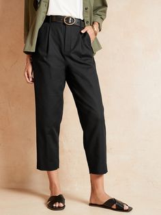 High-Rise Pleated Cotton Double-Weave Crop Pant | Banana Republic Factory Black Workwear Bottoms With Patch Pockets, Fitted Cargo Pants With Welt Pockets For Work, Classic High Waist Bottoms With Patch Pockets, Classic High-waist Bottoms With Patch Pockets, Classic High Waist Pants With Patch Pockets, Welt Pockets Ankle-length Chinos For Work, Relaxed Fit High Waist Bottoms With Zip Fly, High Waist Relaxed Fit Bottoms With Zip Fly, Solid Bottoms With Welt Pockets For Work