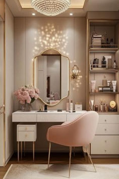 a dressing table with a mirror, vanity and pink chair