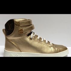 Beautiful Pair Of Sneakers No Box I Bought Them On Posh- Wore Them Once . Luxury High-top Sneakers With Perforations For Streetwear, Luxury Sneakers With Perforated Toe Box, Luxury High-top Sneakers With Branded Insole, Luxury Lace-up Sneakers, Luxury Gold Lace-up Sneakers, Modern Gold High-top Sneakers, Luxury Sneakers With Round Toe And Laces, Gold High-top Sneakers With Perforated Toe Box, Gold Sneakers With Perforations