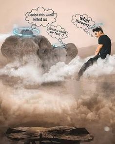 a man sitting on top of an elephant in the clouds with thought bubbles above it