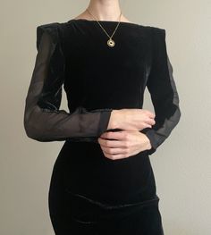 Rare Jean Paul Gaultier Black velvet mini dress, silk mech inserts. Size XS. Has stretch to it. Very good vintage condition. *all items are vintage and natural signs of wear should be expected. Chic Fitted Velvet Formal Dress, Chic Fitted Velvet Dress For Formal Occasions, Fitted Knee-length Velvet Dress For Winter, Velvet Mini Dress For Evening, Evening Mini Dress With Sheer Sleeves, Fitted Long Sleeve Velvet Dress For Formal Occasions, Mini Length Velvet Dress For Evening, Velvet Long Sleeve Mini Cocktail Dress, Formal Fitted Velvet Mini Dress